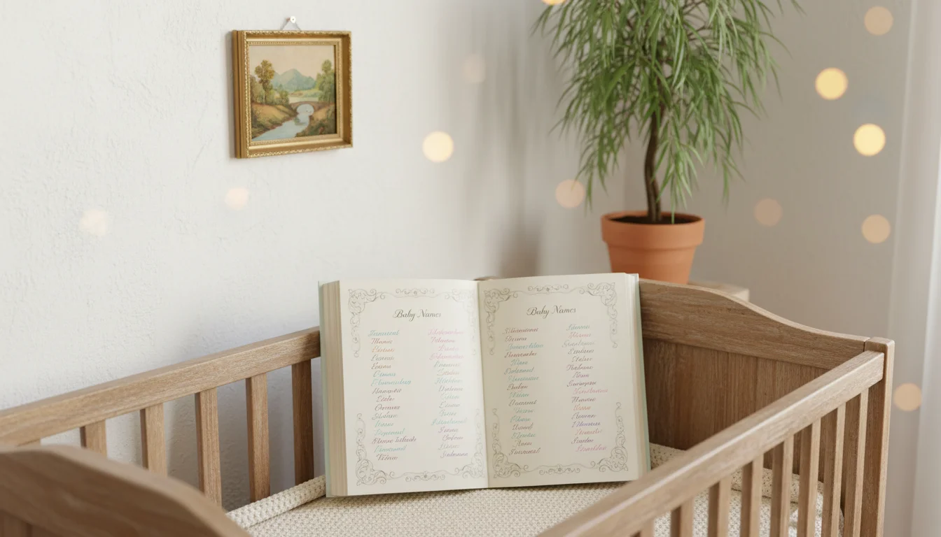 A warm, softly lit nursery with a rustic wooden crib, on top of which lies an open baby name book with elegant pages. In the background, gentle natural elements like a potted willow plant and a framed vintage illustration of a river landscape. Soft pastel colors, a cozy and hopeful mood, and shallow depth of field focusing on the book, with soft bokeh lights in the background.