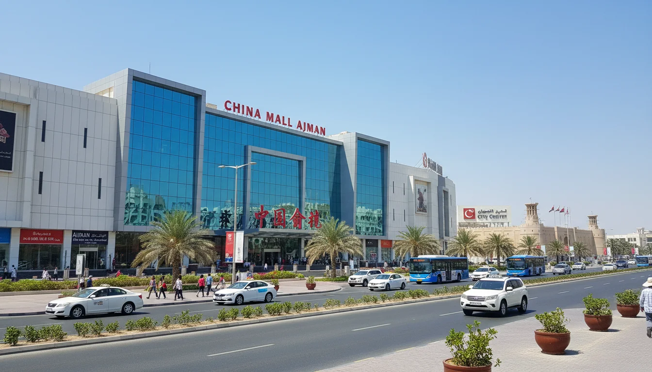 A bustling exterior view of China Mall Ajman on a sunny day, showcasing its modern architecture with clean lines and glass facades. The mall is situated along Sheikh Khalifa Bin Zayed Street, with cars and buses visible in the foreground, indicating easy access and connectivity. In the background, subtle hints of Ajman City Center and the cultural Ajman Museum add context to the location. The style is photorealistic with vibrant colors, conveying a lively and welcoming atmosphere. The composition is wide-angle to capture the mall’s prominence and its integration into the urban landscape.