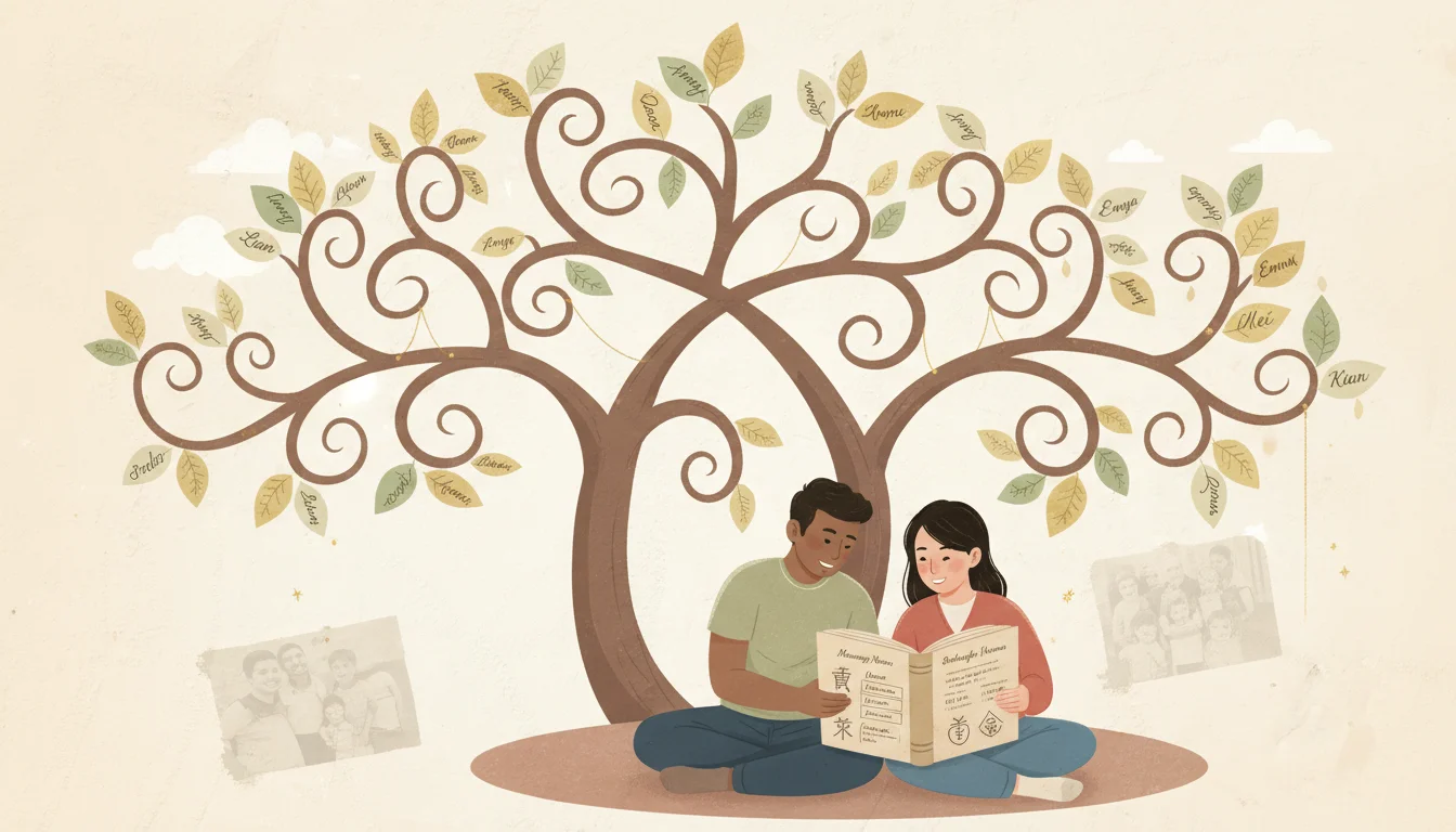 A soft-focus, warm-toned illustration of a diverse family tree with interconnected branches, showing baby names written delicately on leaves, blending vintage family photo elements with modern minimalist design. Parents gently holding a baby book open to a page showing name meanings, with cultural symbols subtly integrated in the background. Gentle lighting creates a nostalgic yet hopeful mood, emphasizing intergenerational connection and thoughtful consideration.