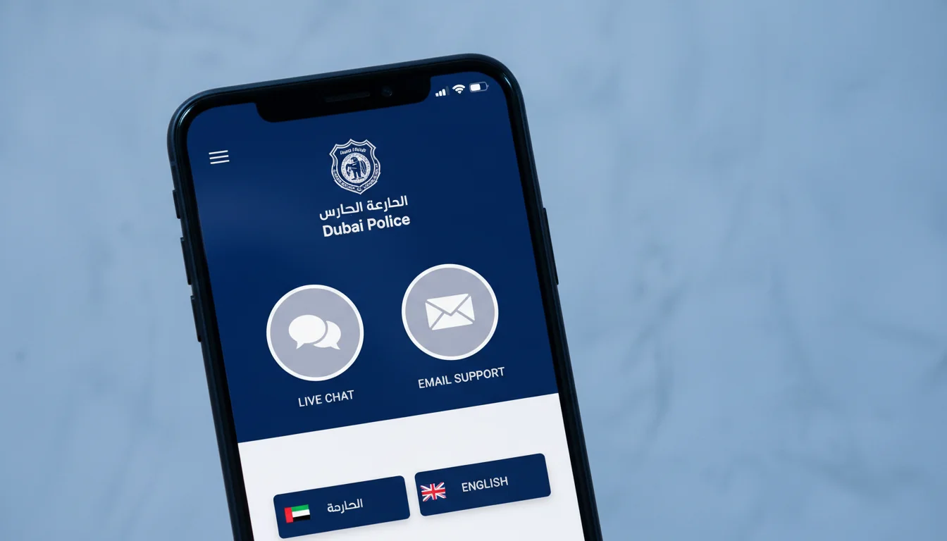 A sleek, modern smartphone displaying the Dubai Police official app interface with visible icons for live chat, email support, and language options (Arabic and English), set against a clean, professional background with soft blue lighting to convey trust and accessibility, capturing a calm and efficient mood.