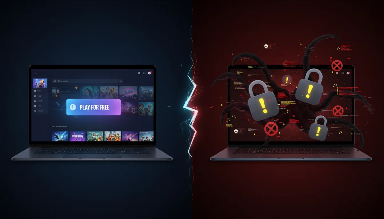 A cinematic split-screen image: On one side, a glowing laptop displays a sleek, enticing streaming interface with a "Play for Free" button against a dark background. On the other side, ominous digital hazards like padlock icons with warning symbols and shadowy malware tentacles emerge from the screen. The composition is dynamic and slightly tense, rendered in a modern digital art style with high contrast and a mood of caution versus temptation.