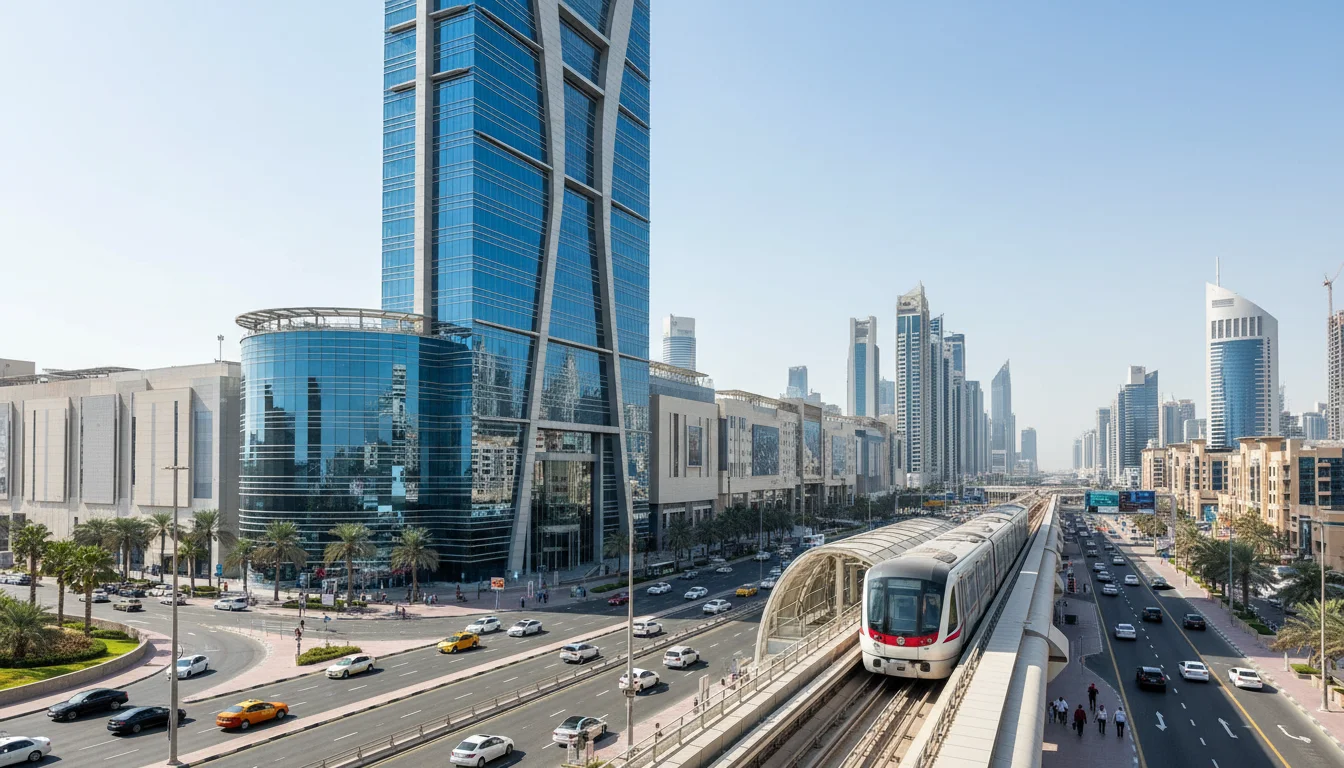 A wide-angle shot of Grand City Mall Dubai, showcasing its modern glass facade and towering architecture, situated along the bustling Sheikh Zayed Road. The foreground features a sleek Dubai Metro train pulling into the nearby station, with a few pedestrians walking towards the mall's entrance. Cars and taxis are visible on the multi-lane road, emphasizing accessibility. The composition is vibrant and dynamic, under a bright, sunny sky with the Dubai skyline in the background. The style is realistic and detailed, capturing the energetic, cosmopolitan mood of the city.
