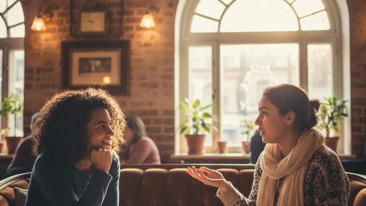 Active Listening - Two Friends in Genuine Conversation Two friends in genuine conversation with active listening, representing the daily habits that improve relationships