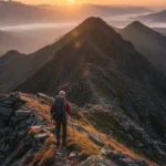 Adventure traveler hiking on dramatic mountain ridge with backpack overlooking vast landscape at sunrise representing best adventure travel destinations 2026