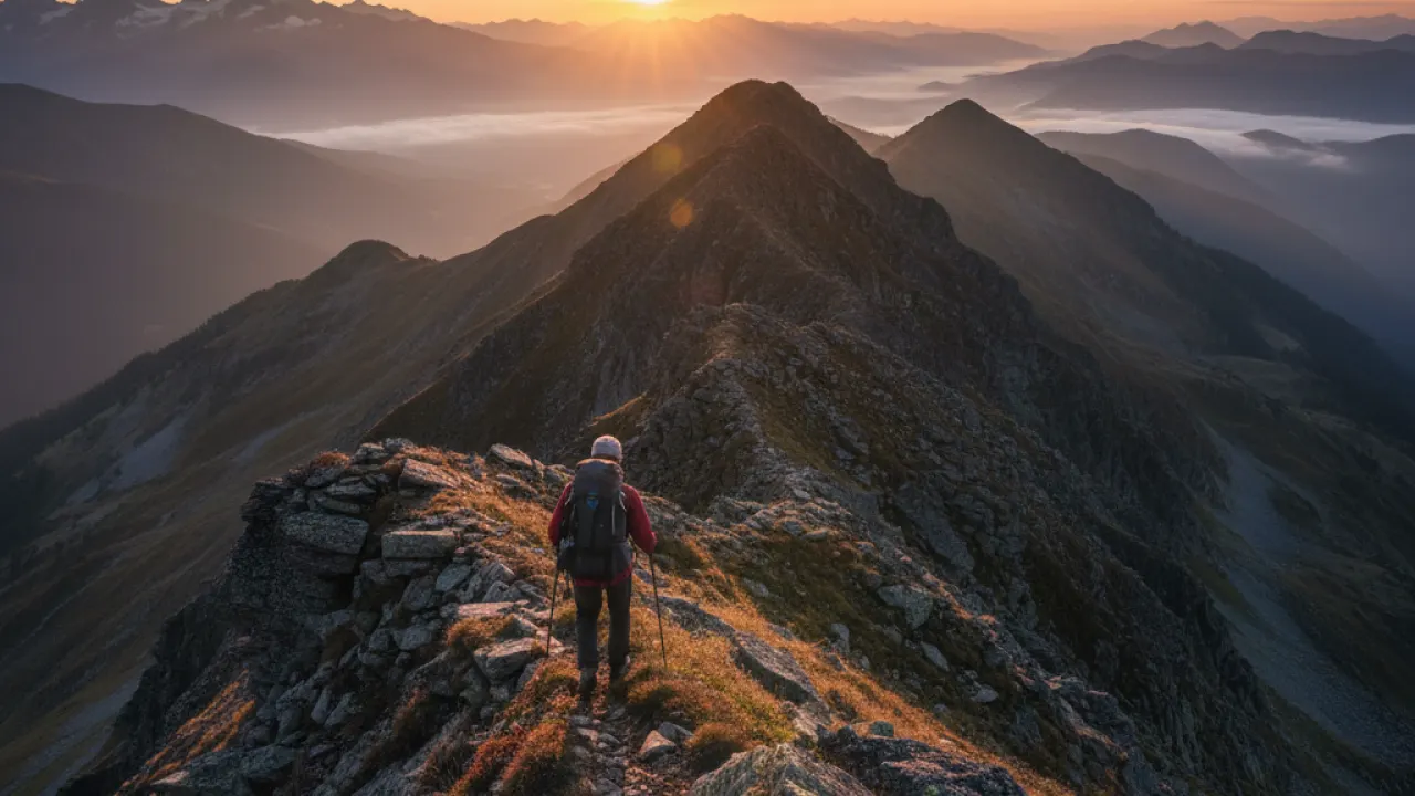 Adventure traveler hiking on dramatic mountain ridge with backpack overlooking vast landscape at sunrise representing best adventure travel destinations 2026