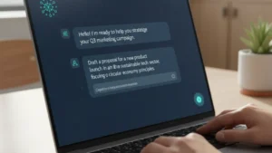 Laptop screen showing AI assistant chat interface with business professional typing, representing general purpose AI tools