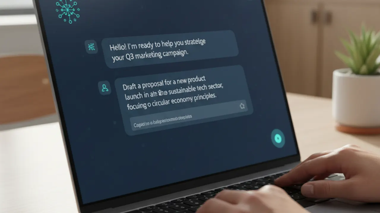 General Purpose AI Assistant - Business Use Case Laptop screen showing AI assistant chat interface with business professional typing, representing general purpose AI tools