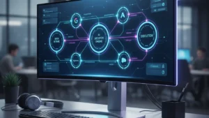 Visualization of an AI automation workflow with connected nodes and integrations on a monitor, representing AI automation platforms