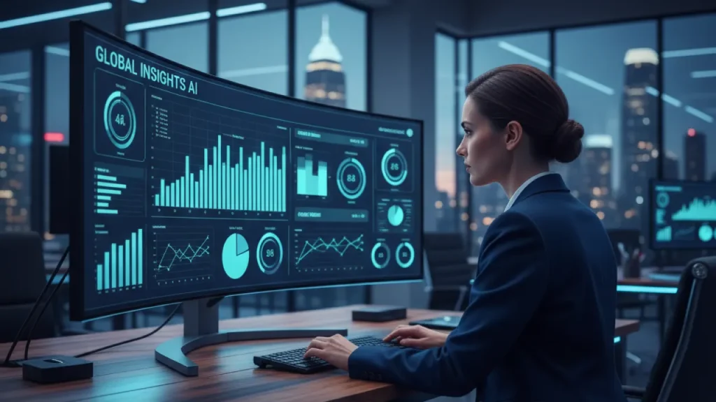 Business professional reviewing AI analytics dashboard on large monitor, representing modern AI business solutions