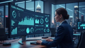 Business professional reviewing AI analytics dashboard on large monitor, representing modern AI business solutions