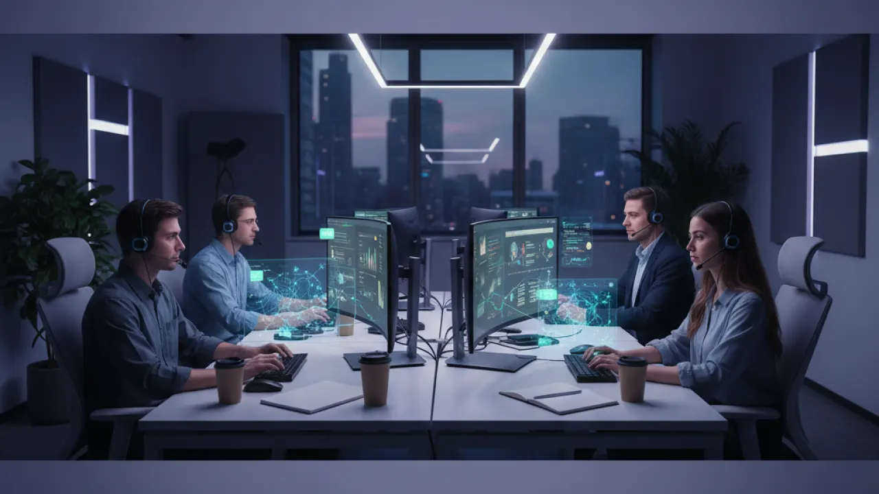 AI Customer Support - Team Using Automated Triage Customer support team using AI-powered ticket triage software on multiple screens, representing AI customer support solutions