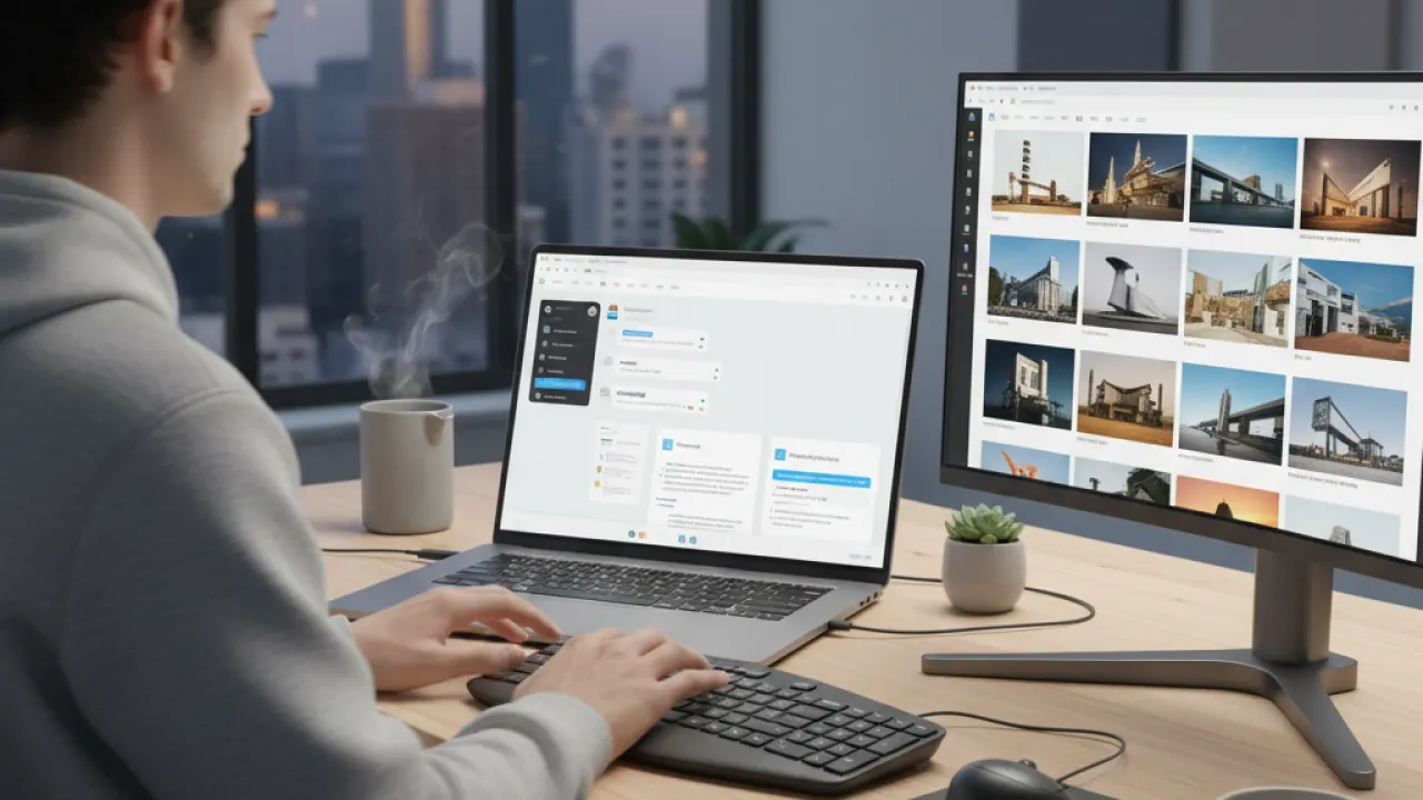 Modern workstation with laptop showing AI productivity tools dashboard and second monitor with AI image generation representing best AI tools 2026