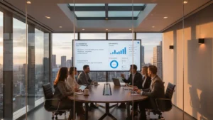 Sales team reviewing AI-generated call summaries and CRM insights on a large screen, representing AI sales operations
