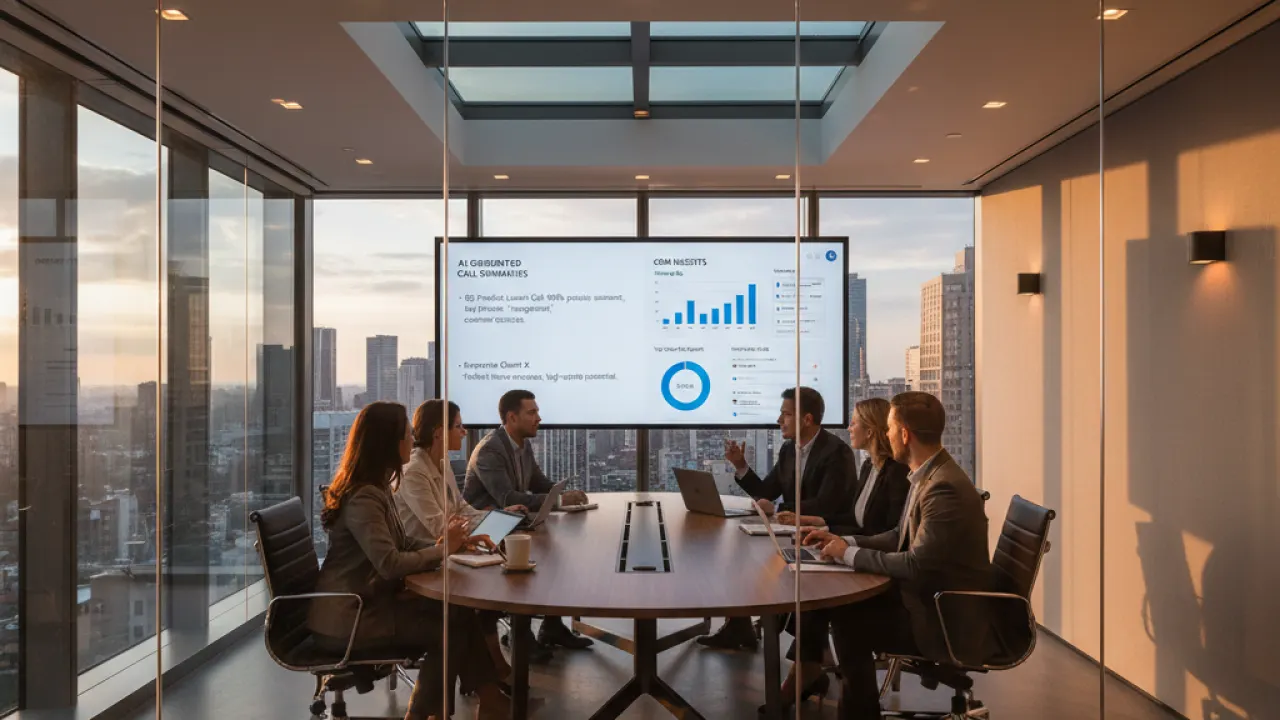 AI Sales Insights - Call Summaries and CRM Analysis Sales team reviewing AI-generated call summaries and CRM insights on a large screen, representing AI sales operations
