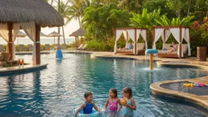 Family relaxing at a Costa Rica style all-inclusive resort pool with kids playing, representing family resort vacations