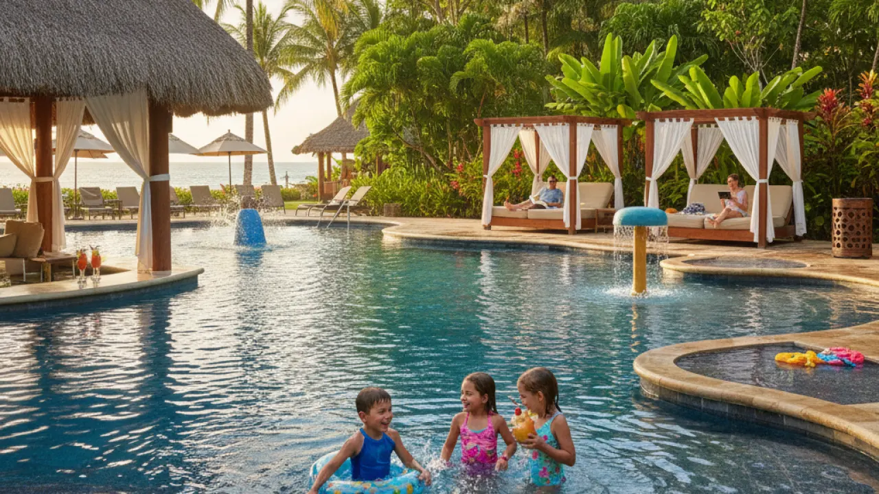 All-Inclusive Family Resort - Pool and Cabanas Family relaxing at a Costa Rica style all-inclusive resort pool with kids playing, representing family resort vacations