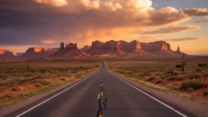 Open American highway stretching toward distant red rock mesas at sunset, representing the classic US road trip