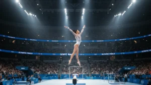 Olympic artistic gymnastics arena with gymnast on balance beam under stadium lights and packed crowd representing Olympic artistic gymnastics