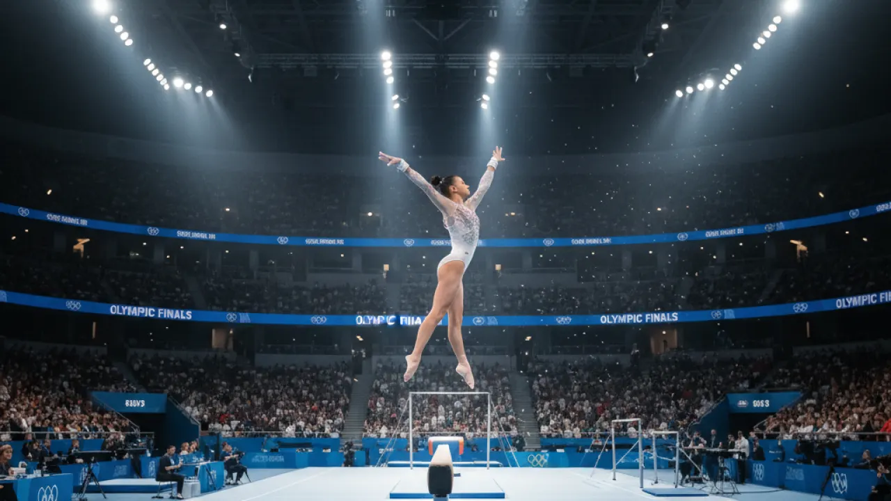 Olympic artistic gymnastics arena with gymnast on balance beam under stadium lights and packed crowd representing Olympic artistic gymnastics