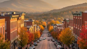 Asheville North Carolina downtown with Blue Ridge Mountains and autumn colors, representing the mid-sized mountain city
