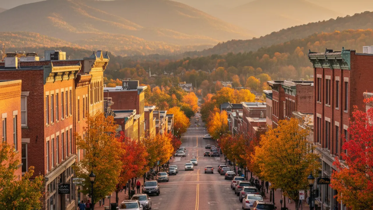 Asheville North Carolina downtown with Blue Ridge Mountains and autumn colors, representing the mid-sized mountain city