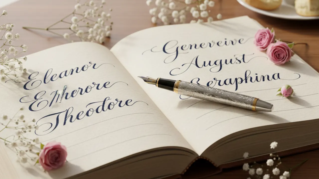 Beautiful Baby Names Selection Beautiful baby name book open on table with elegant calligraphy pen and flowers representing baby name selection guide