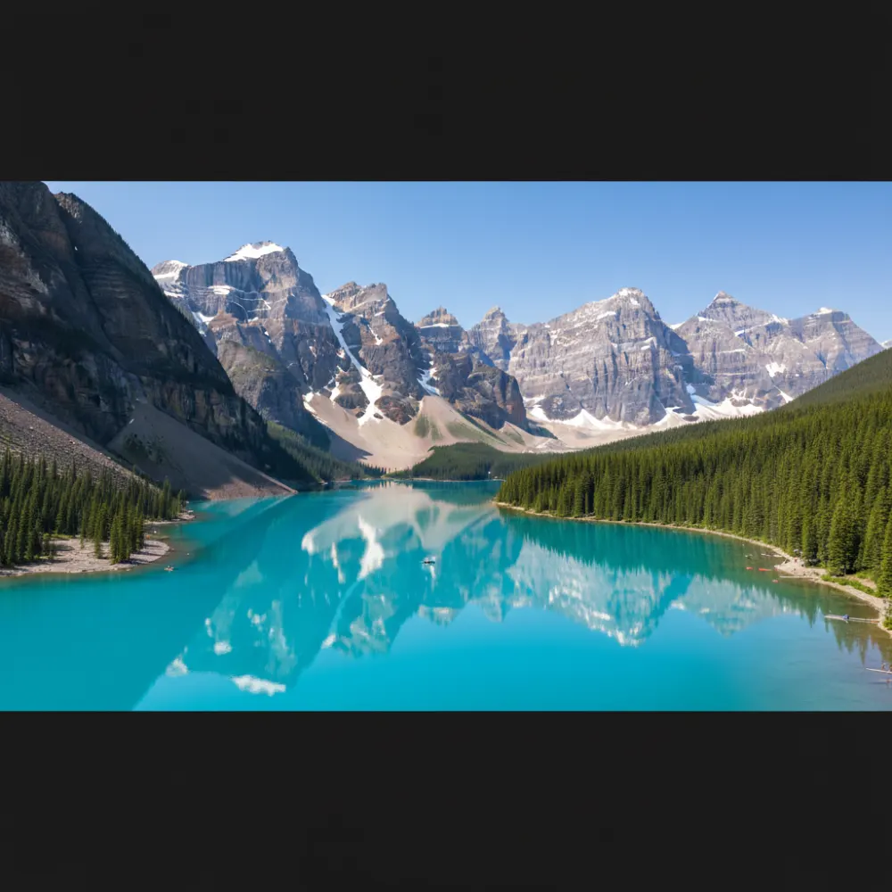 Aerial view of Moraine Lake in Banff with turquoise glacial water and ten snow-capped peaks, one of the most beautiful places in the Americas