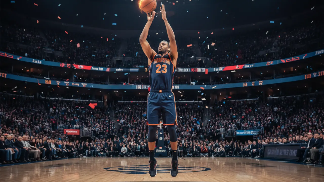 A basketball player mid-air taking a jump shot in a packed arena, representing the sport behind 100 amazing basketball facts
