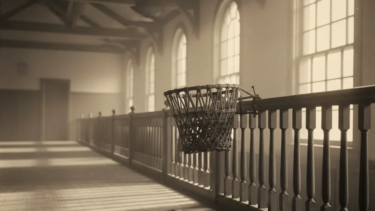 A vintage peach basket basketball hoop in an 1890s YMCA gymnasium, representing the origin of basketball