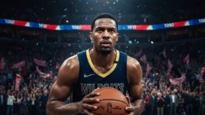 NBA superstar in intense focus holding basketball during a playoff game, representing the best basketball player right now