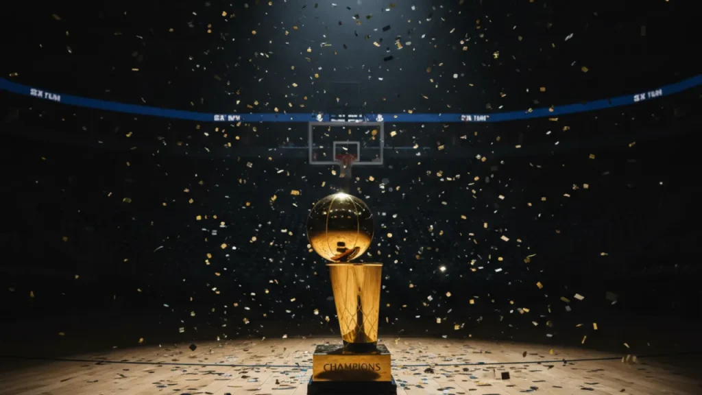 Golden NBA championship trophy on hardwood with confetti, representing the best basketball players of all time