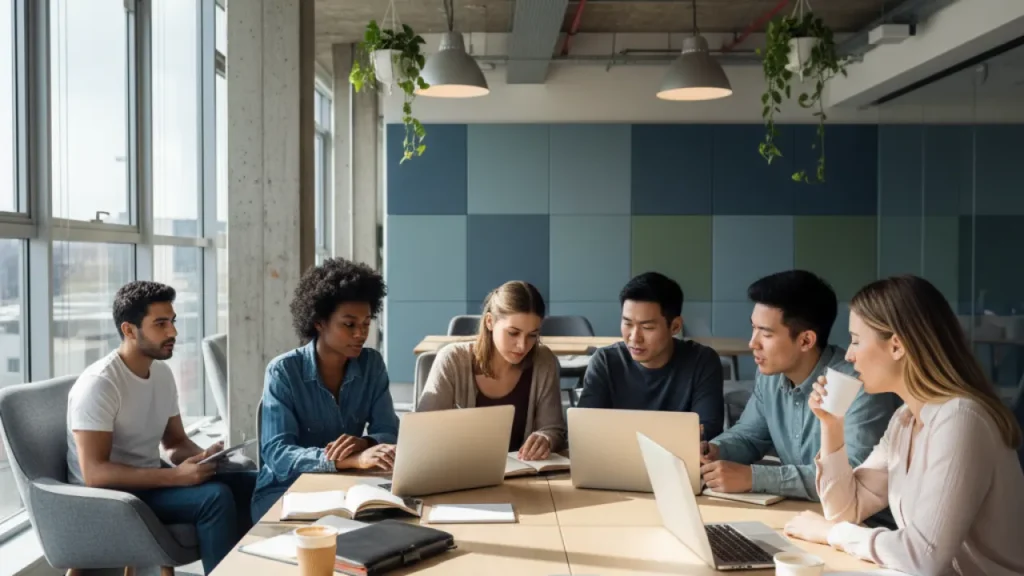 Diverse young entrepreneurs collaborating in a modern coworking space representing the best businesses to start in 2026
