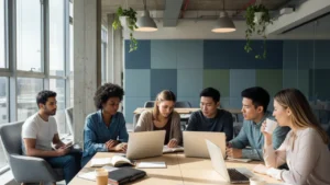 Diverse young entrepreneurs collaborating in a modern coworking space representing the best businesses to start in 2026