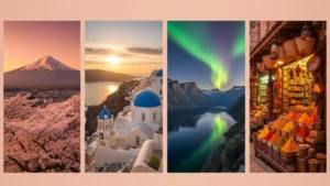 Travel collage with Japan cherry blossoms, Greek islands, Norwegian fjords, and Moroccan markets representing best countries to visit in 2026