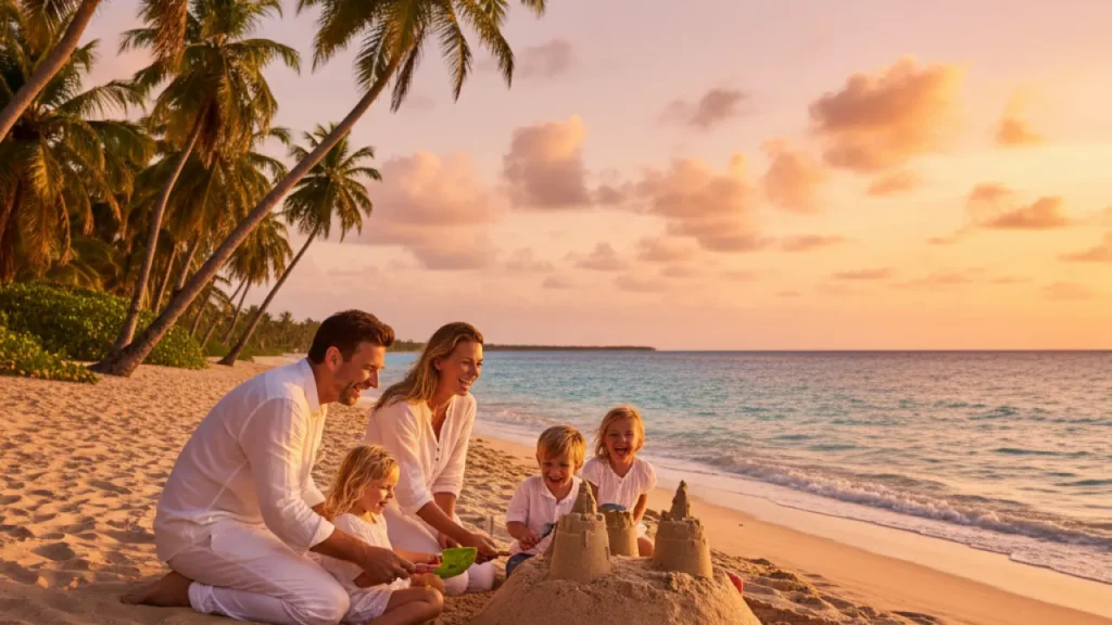 Happy family on a Caribbean beach at sunset building a sandcastle, representing the best family vacation destinations for 2026