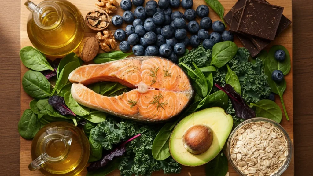Heart healthy foods spread on wooden board - salmon blueberries walnuts greens olive oil oats avocado, representing best foods for heart health 2026