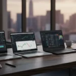 Premium laptops 2026 arranged on dark wooden desk including MacBook Pro Dell XPS Lenovo ThinkPad displaying productivity apps representing best laptops 2026