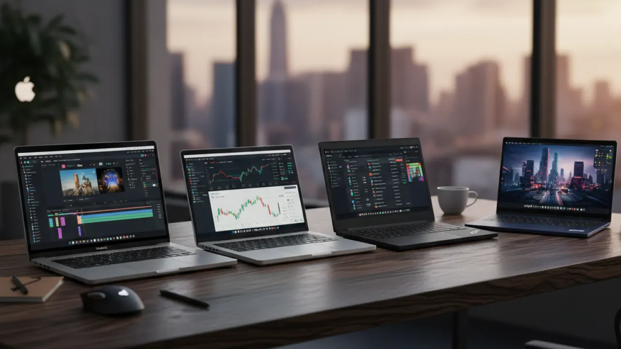 Premium laptops 2026 arranged on dark wooden desk including MacBook Pro Dell XPS Lenovo ThinkPad displaying productivity apps representing best laptops 2026
