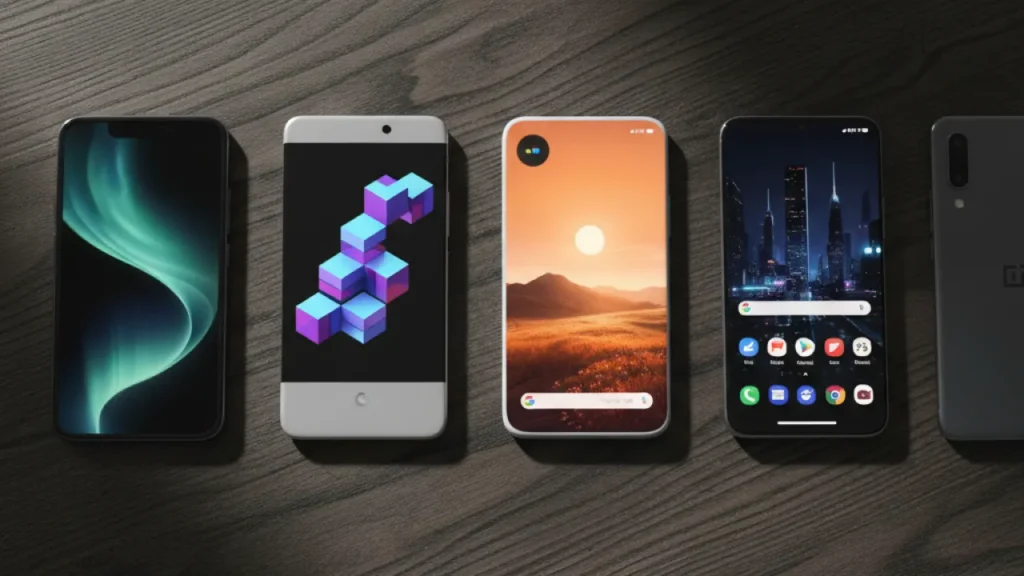 Flat lay of premium 2026 smartphones - iPhone Samsung Pixel OnePlus - on dark wooden desk with colorful displays representing best phones to buy