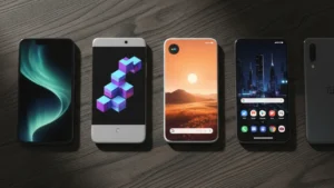 Flat lay of premium 2026 smartphones - iPhone Samsung Pixel OnePlus - on dark wooden desk with colorful displays representing best phones to buy