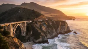 Big Sur coastline with Bixby Bridge and Pacific Ocean at sunset, representing the best Pacific coast travel in the US