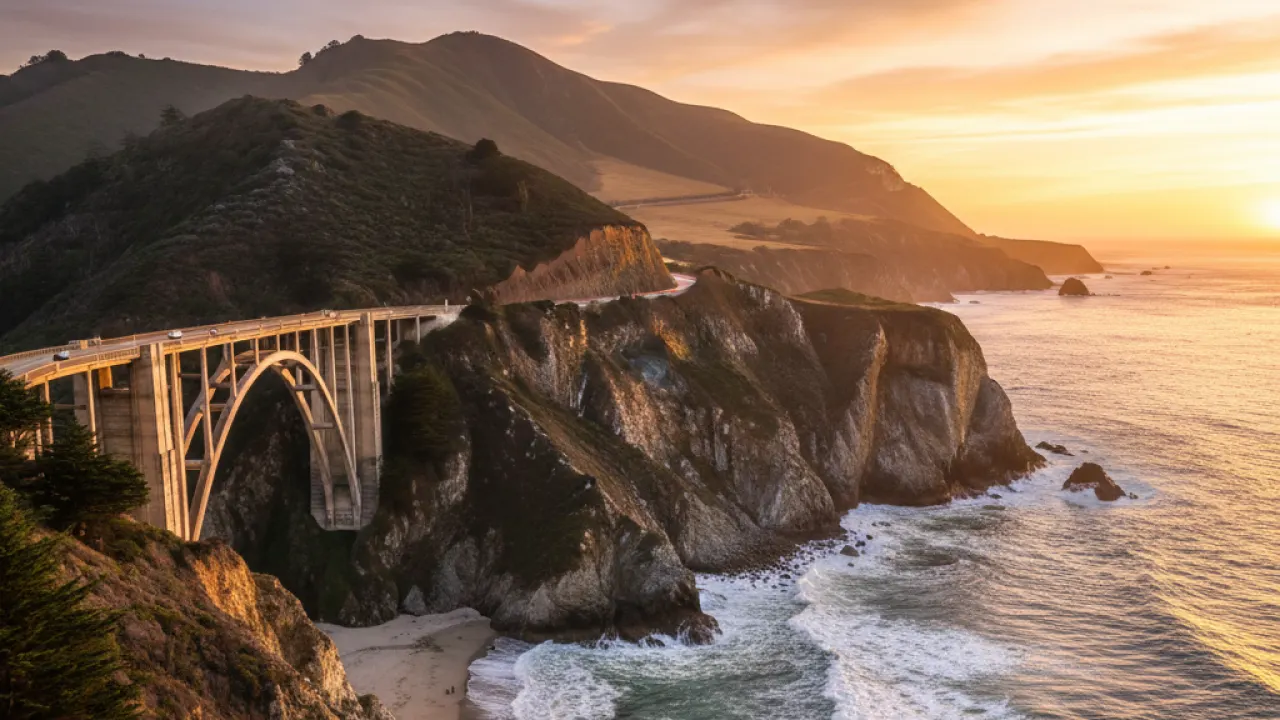 Big Sur California Coast - Pacific Coast Highway 1 at Sunset Big Sur coastline with Bixby Bridge and Pacific Ocean at sunset, representing the best Pacific coast travel in the US