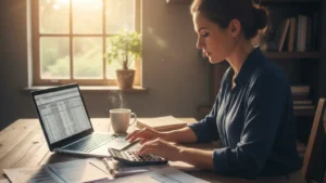 Business owner reviewing credit reports and financial statements at a desk, representing building business credit from scratch