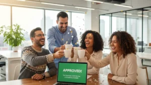 Small business team celebrating credit approval around a laptop, representing the milestones of building business credit