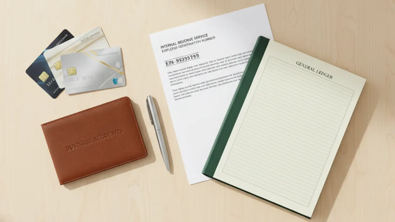 Business Credit Cards EIN Letter and Ledger - Flat Lay Business credit cards EIN letter and ledger book on a desk, representing the basic tools for building business credit