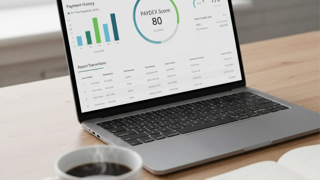 Business Credit Score Dashboard - Paydex and Payment History Laptop screen showing business credit score dashboard with Paydex and payment history, representing tracking business credit