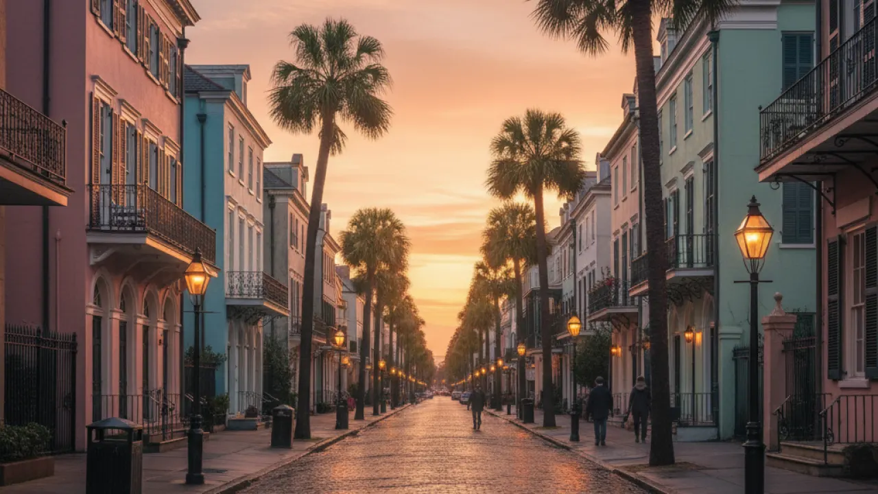 Charleston South Carolina historic district with pastel row houses and gas lamps, representing the southern city travel experience