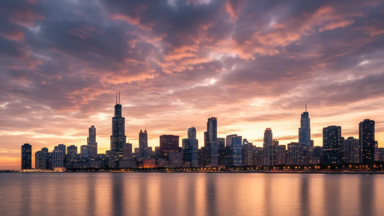 Chicago skyline at sunset over Lake Michigan with golden light, one of the best cities to visit in the USA