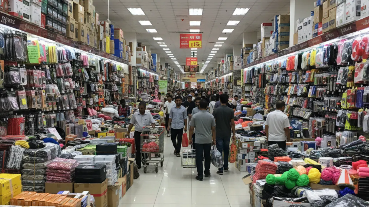 China Mall Ajman Shopping China Mall Ajman interior aisle with shoppers and stacked product displays representing China Mall Ajman shopping experience
