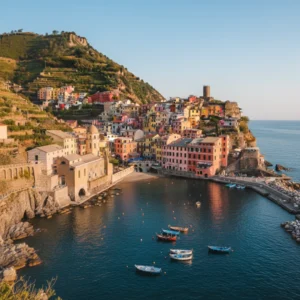Colourful Cinque Terre cliffside village with fishing boats in turquoise water, one of the most beautiful places to visit in Europe